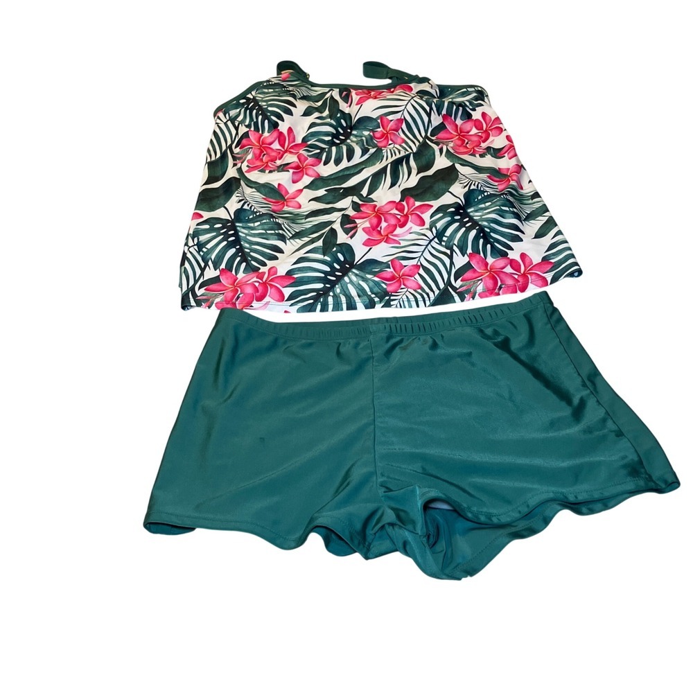 Tankini Tropical  Swimsuit Set Plus Size Women 3XL Green Pink Tropical Floral